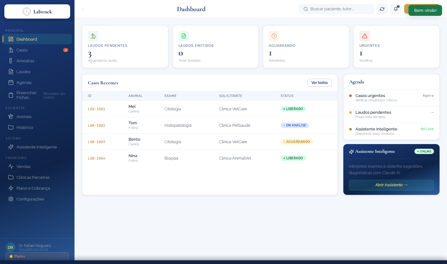 Painel do Labtrack, o sistema da Insive para laboratórios veterinários